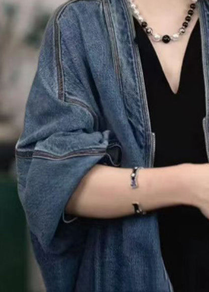 Blue V Neck Zip Up Patchwork Denim Jacket Fall