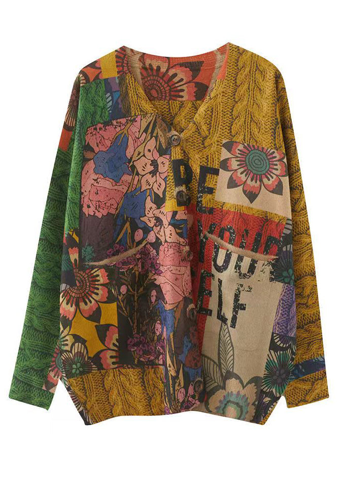 Print Patchwork Cotton Knit Coat V Neck Long Sleeve