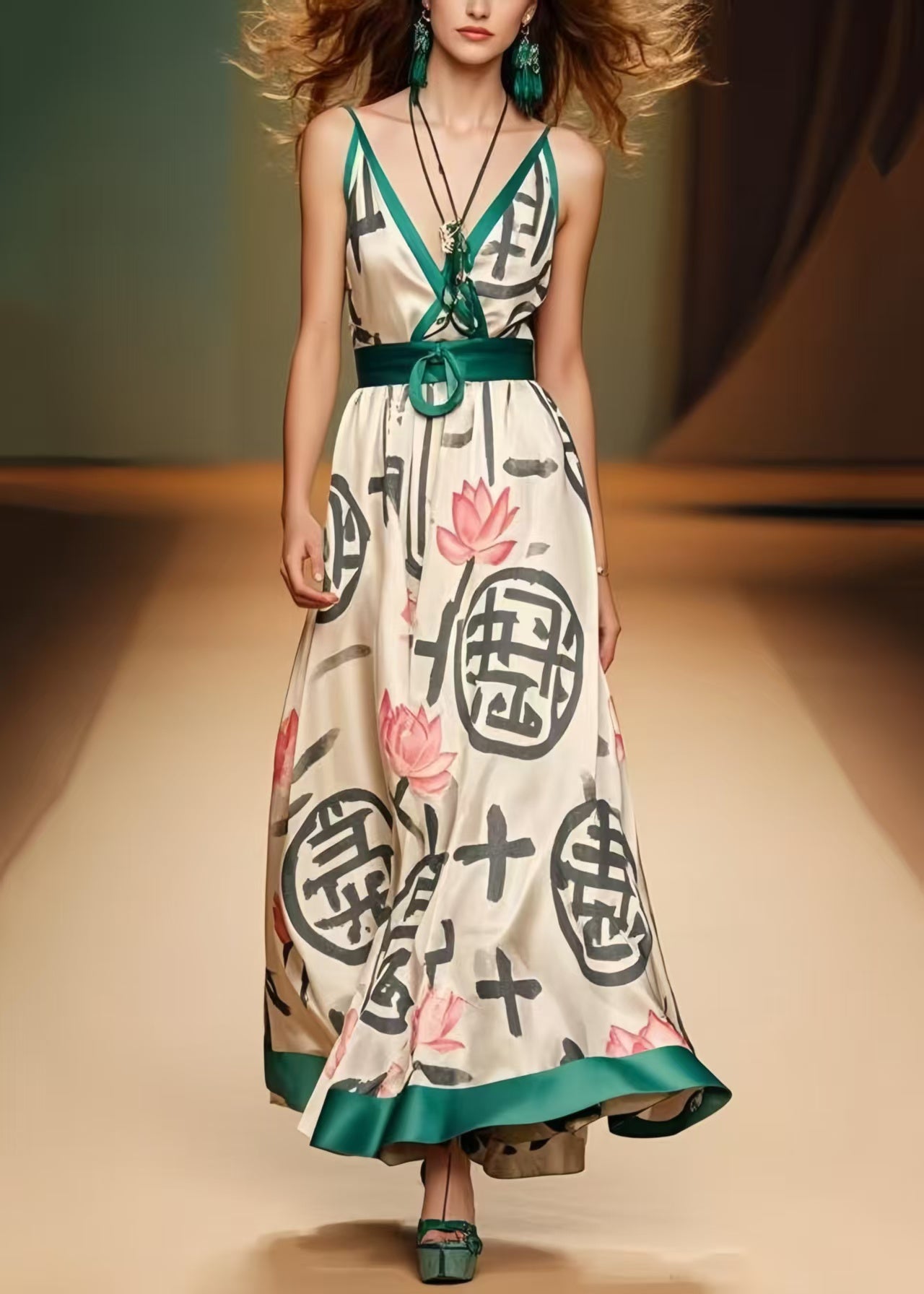 Khaki Cinched Print Silk Spaghetti Strap Dress Summer