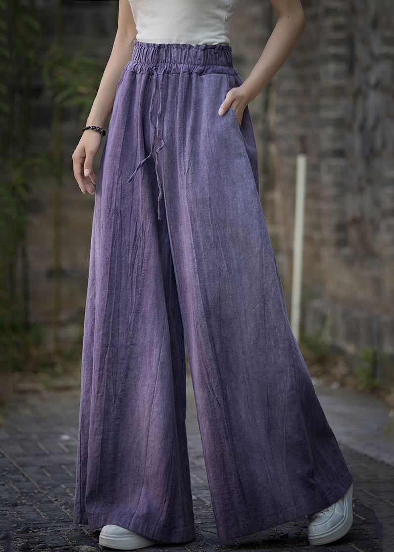 Purple Tie Dye Elastic Waist Linen Wide Leg Pants Summer