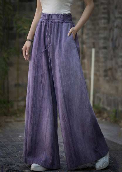 Purple Tie Dye Elastic Waist Linen Wide Leg Pants Summer