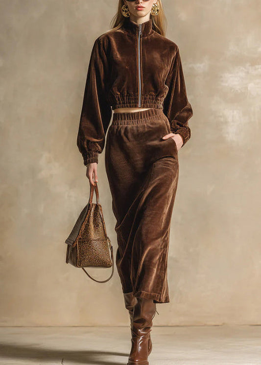 Boutique Chocolate Zip Up Tops and Skirts Cotton Two Pieces Set Fall