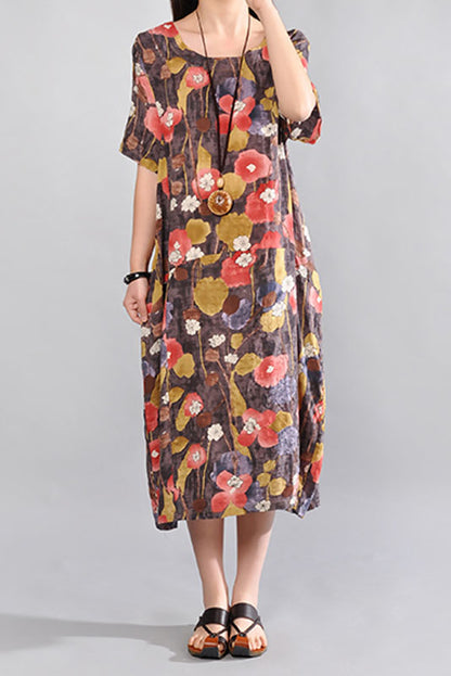Summer Cotton Linen Dress Short Sleeve Linen Long Dress