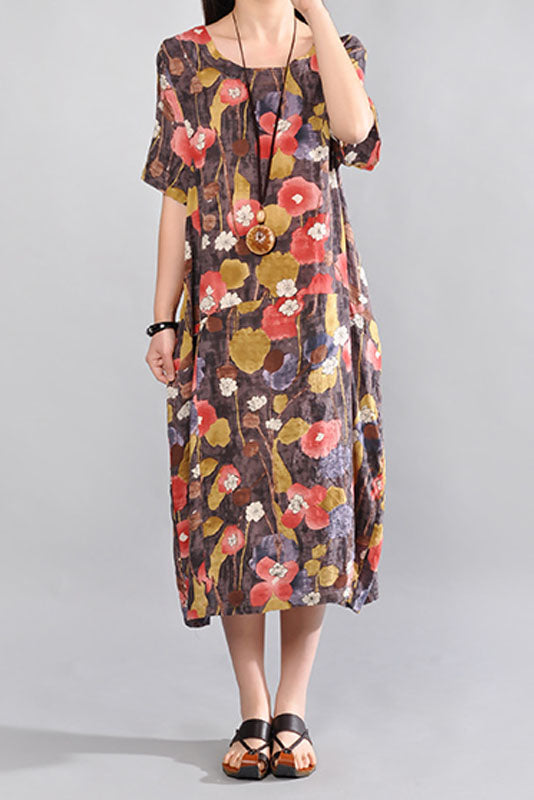Summer Cotton Linen Dress Short Sleeve Linen Long Dress