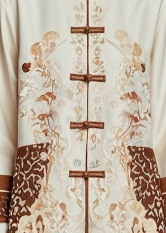 Beige Print Stand Collar Fall Coats