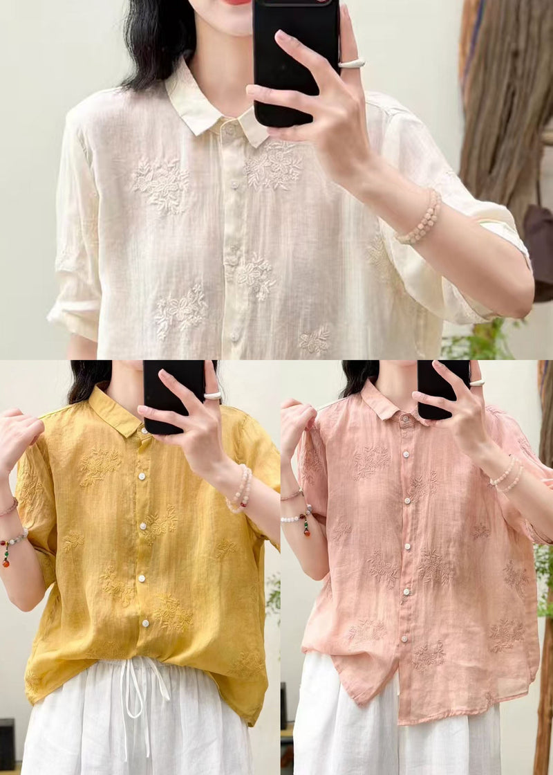Boutique Yellow Embroidered Linen Loose Shirts Summer