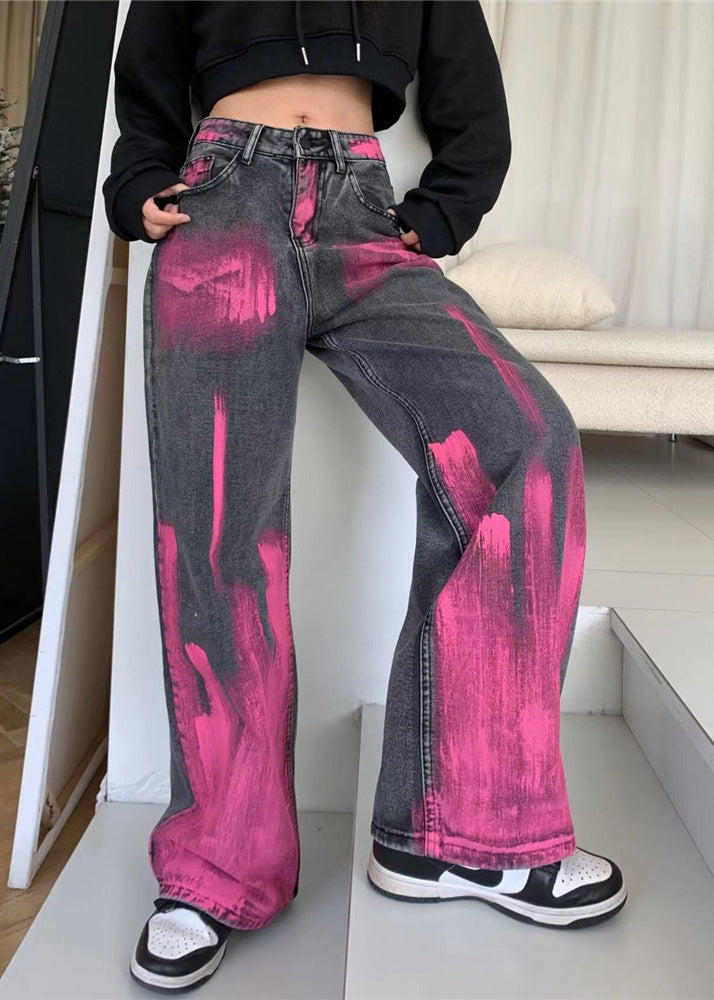 Grey Graffiti Denim Straight Pants Spring