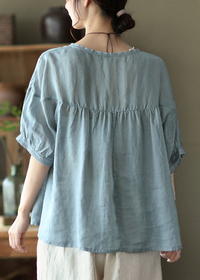 Light Blue Grey Button Linen Tops Half Sleeve