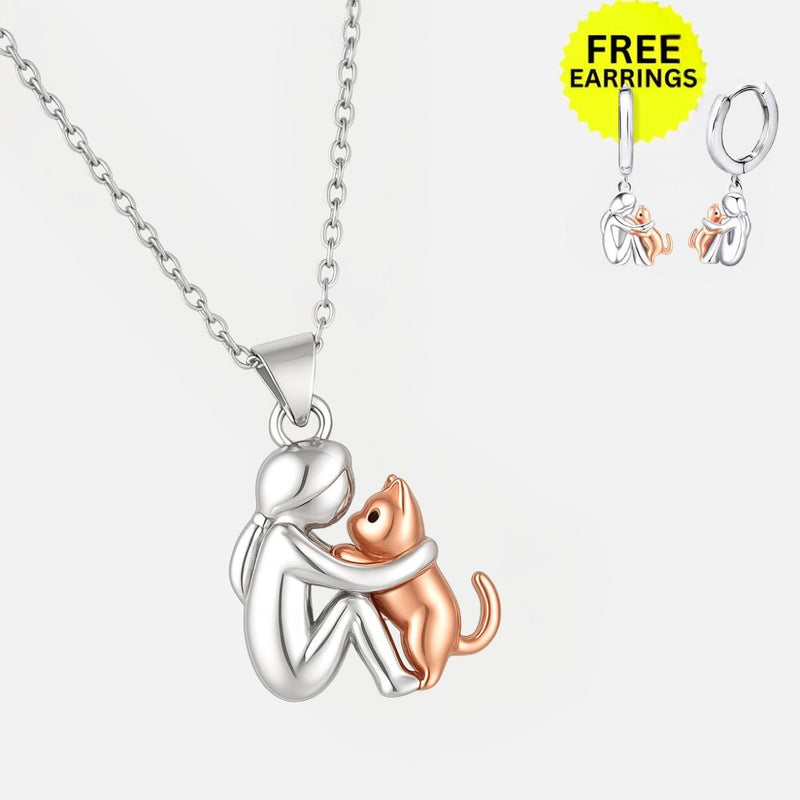 Cat Hug Pendant Necklace With Bonus Earrings – Limited Time Offer