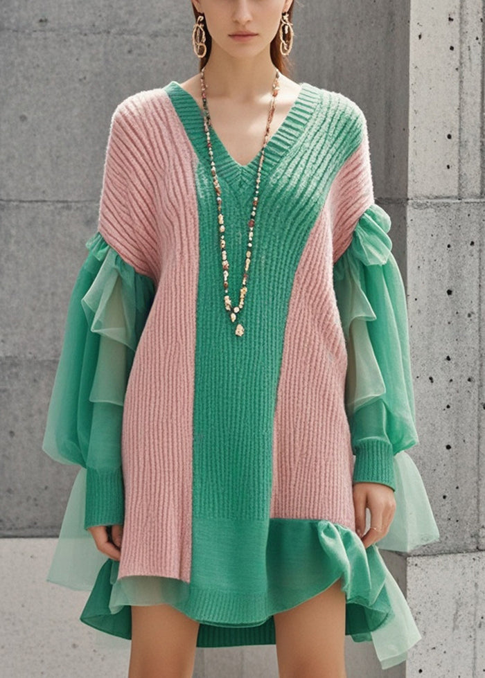 Colorblock V Neck Patchwork Tulle Knitwear Dress Fall