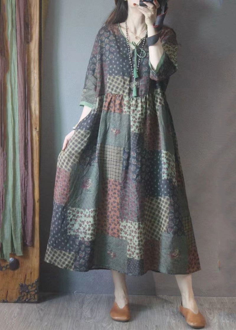 V Neck Wrinkled Patchwork Linen Maxi Dresses Long Sleeve