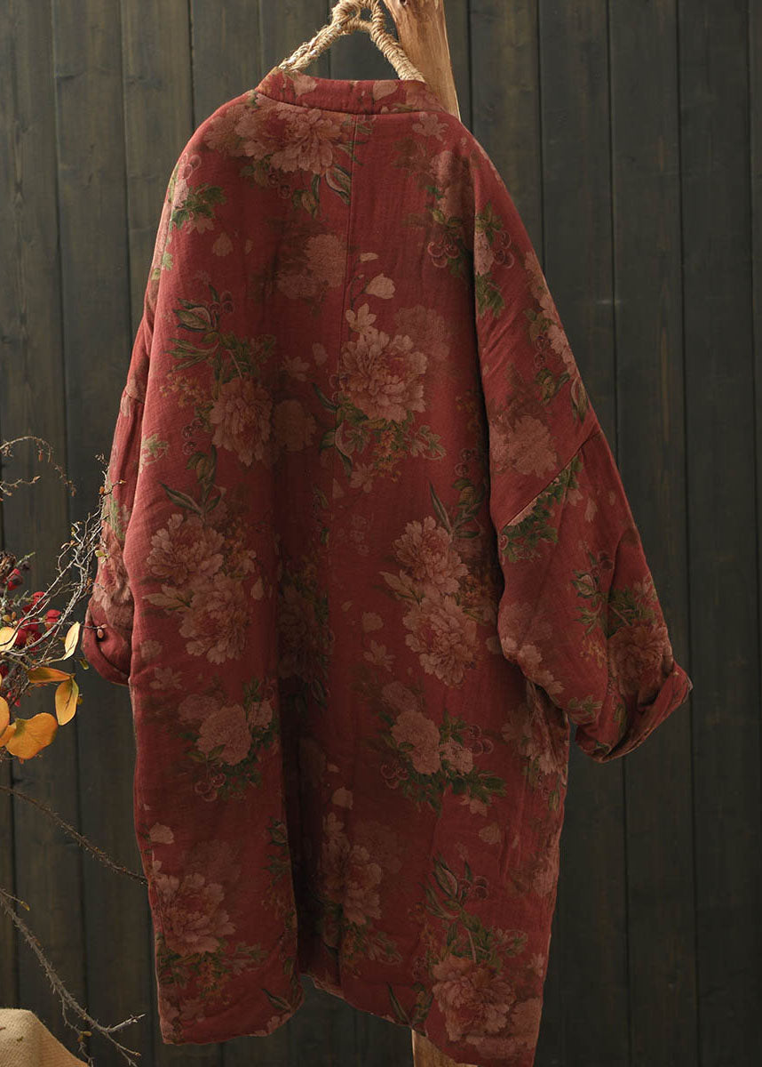 Red Pockets Print Oriental Button Fine Cotton Filled Coat Winter