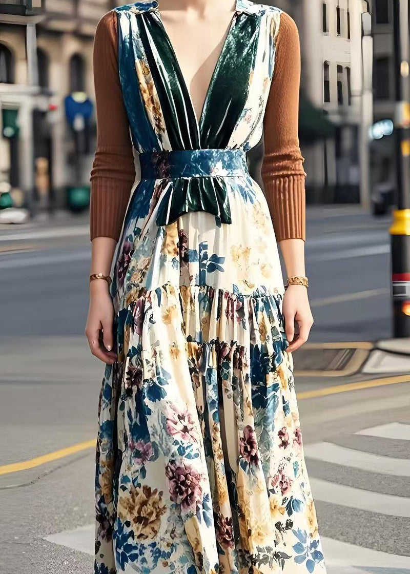 V Neck Patchwork Print Silk Velvet Long Dress Fall