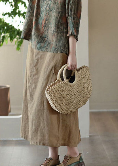 Khaki Pockets Patchwork Cotton a Line Skirts Summer