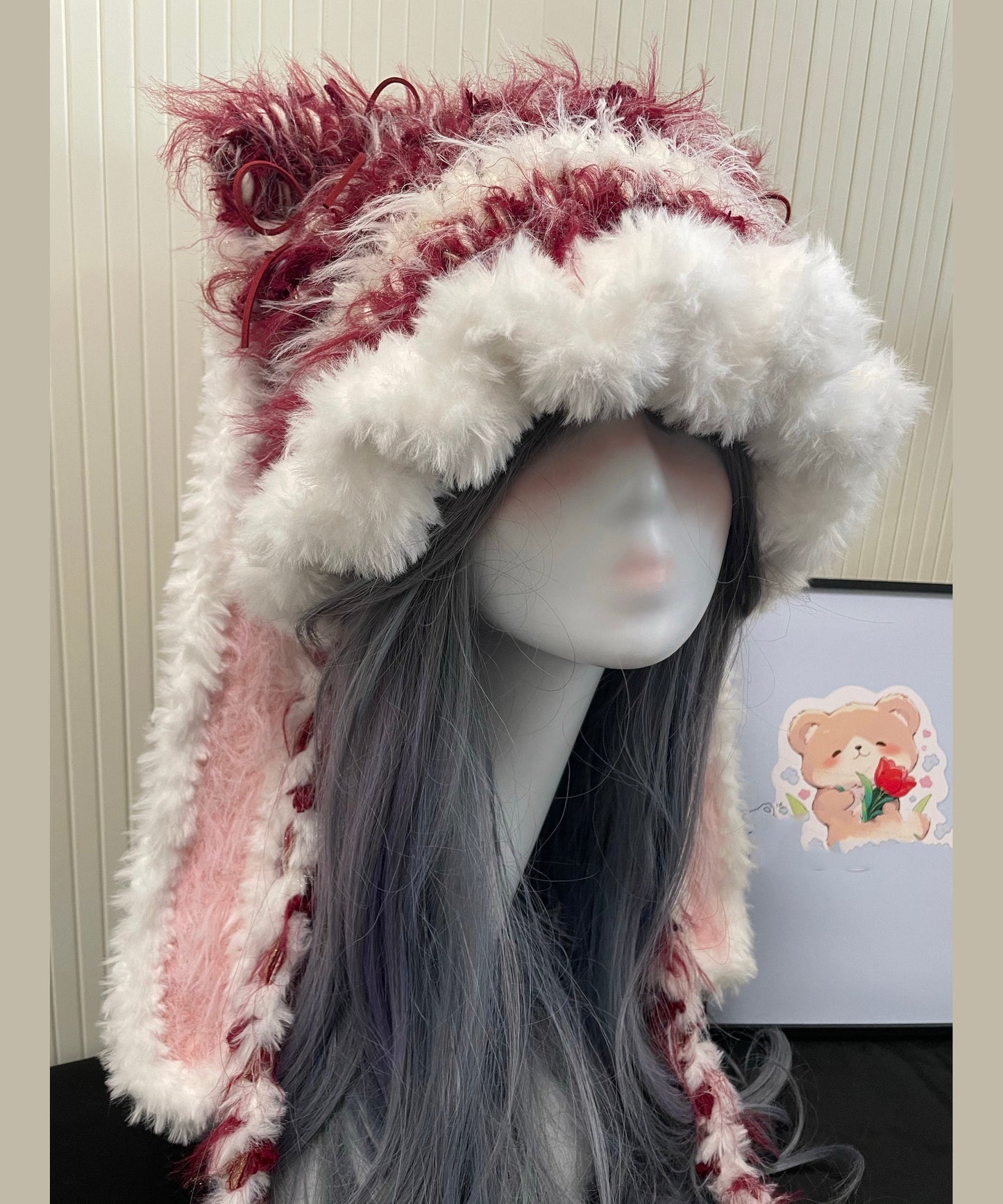 Red and White Knitted Warm Fleece Boonie Hat