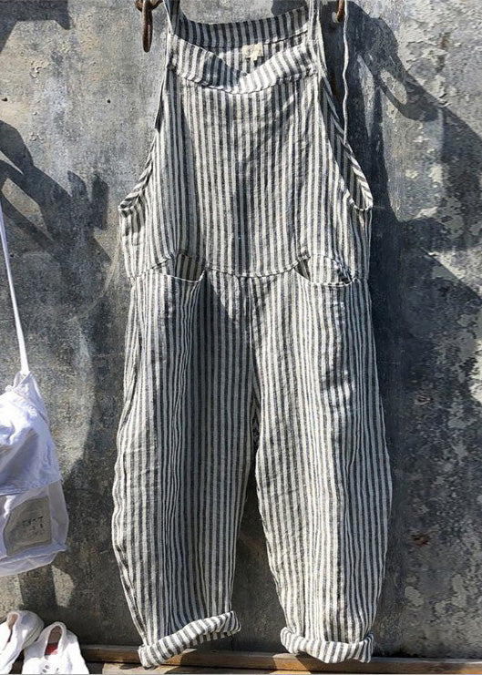 Yellow Striped Pockets Cotton Jumpsuits Summer