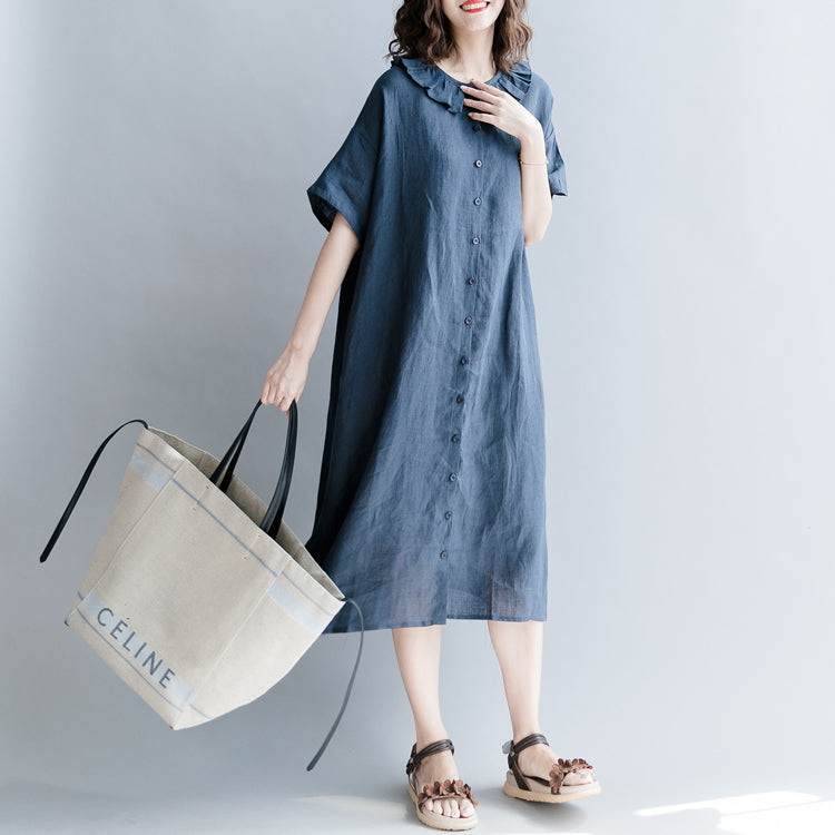 Navy Cotton Linen Dress Dress Fine Short Sleeve Patchwork Peter Pan Collar Pockets Cotton Linen Dresses
