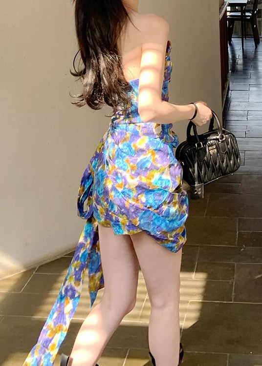 Blue Printed Bow Ribbon Party Dress Sleeveless