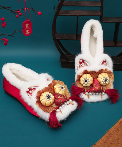 Red Fuzzy Wool Lined Tassel Nail Bead Splicing Flat Feet Shoes