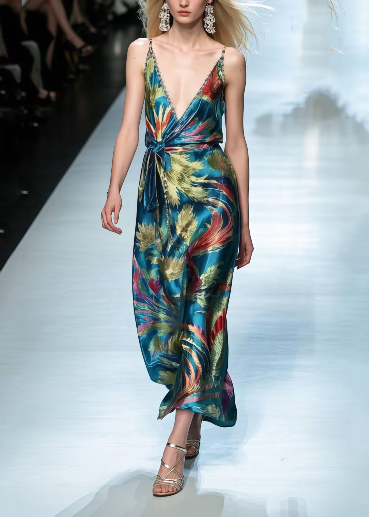 Peacock Green Phoenix Print Silk Cami Dress Summer