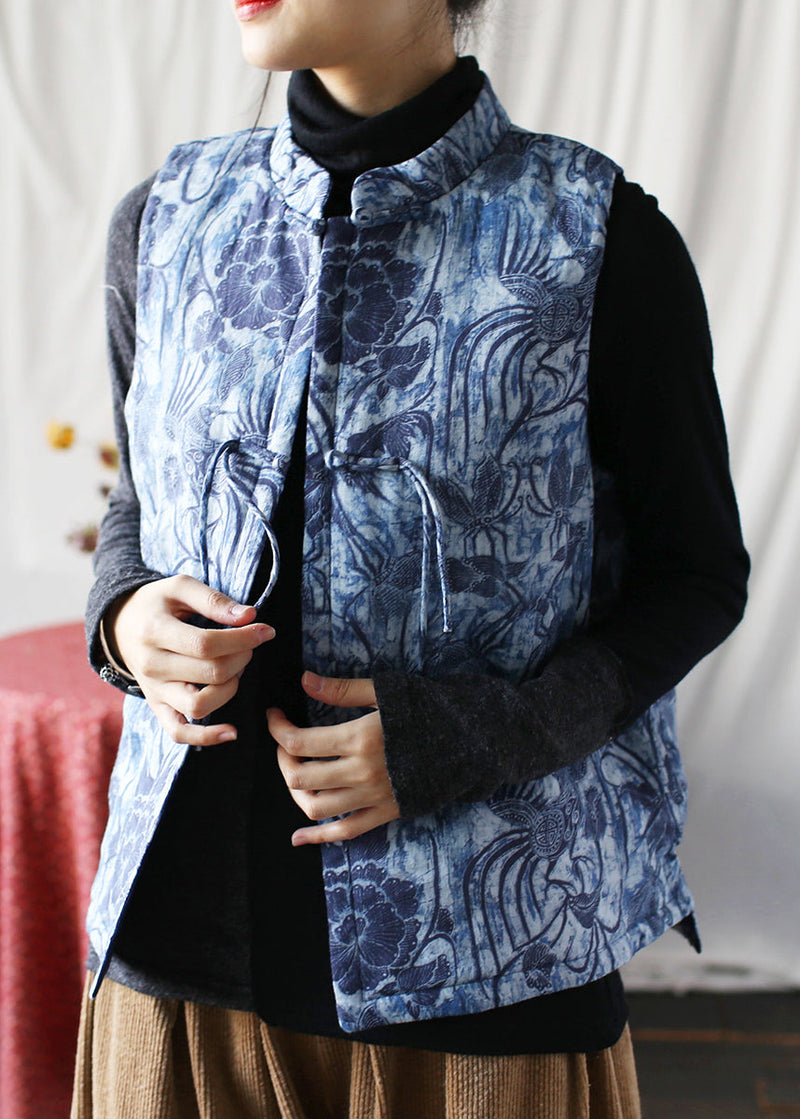 Blue Tassel Print Fine Cotton Filled Vest Tops Sleeveless