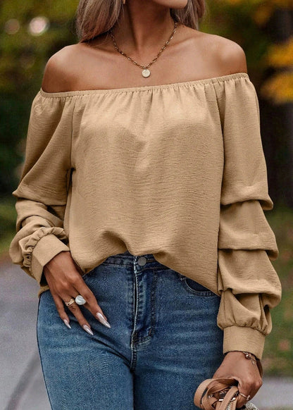Loose Khaki Slash Neck Shirts Tops Spring