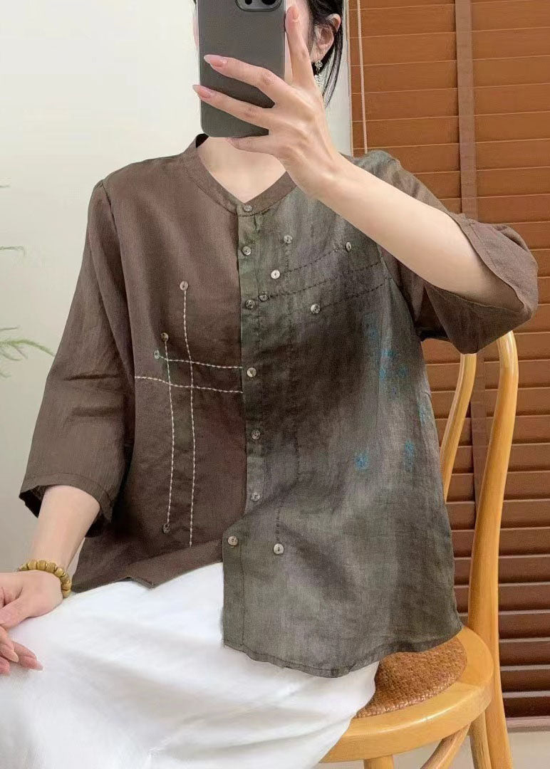 Red Stand Collar Tie Dye Patchwork Linen Shirt Bracelet Sleeve