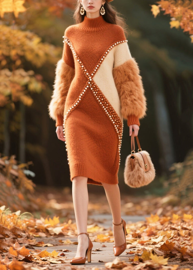 Brown Faux Fur Patchwork Nail Bead Knitwear Dress Winter