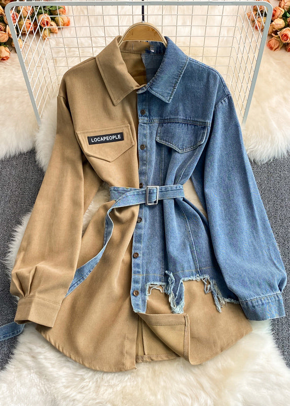 Khaki Peter Pan Collar Patchwork Button Denim Top Spring