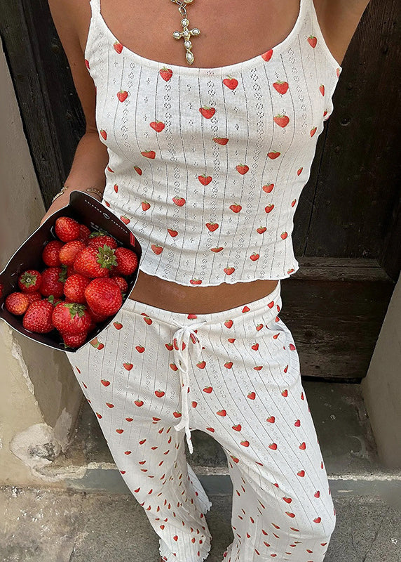 White Print Tops and Pants Cotton Two Pieces Set Summer