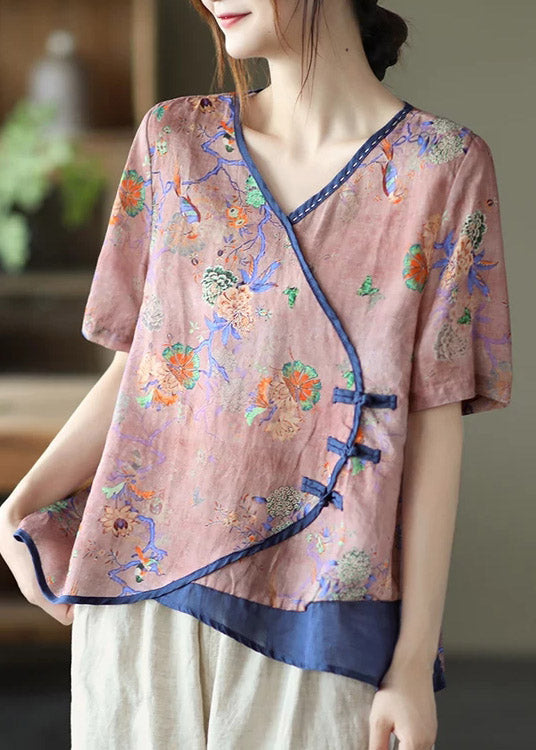 Pink V Neck Print Button Patchwork Blouse Tops Short Sleeve
