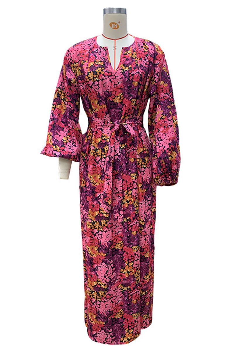 Print Contrast V Neck a Line Dresses