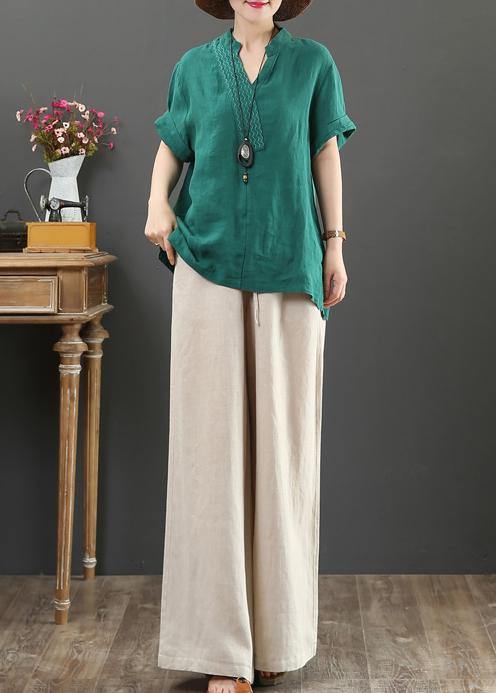 Diy V Neck Cotton Linen Summer Clothes Green Silhouette Top