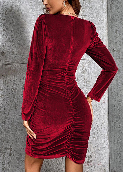Mulberry V Neck Wrinkled Slim Fit Velvet Dress Fall