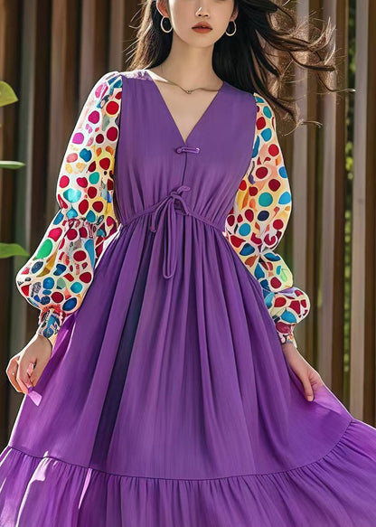 Style Purple Cinched Patchwork Print Cotton Dress Fall