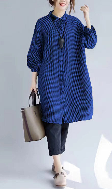 Stylish Black Plaid Cozy Cotton T Shirt Oversize Turn-down Collar Cotton Blouses Fine Long Sleeve Tops