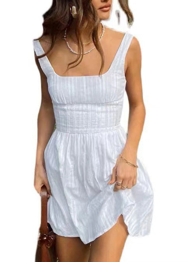 Style White Square Collar Cotton Mini Dress Summer