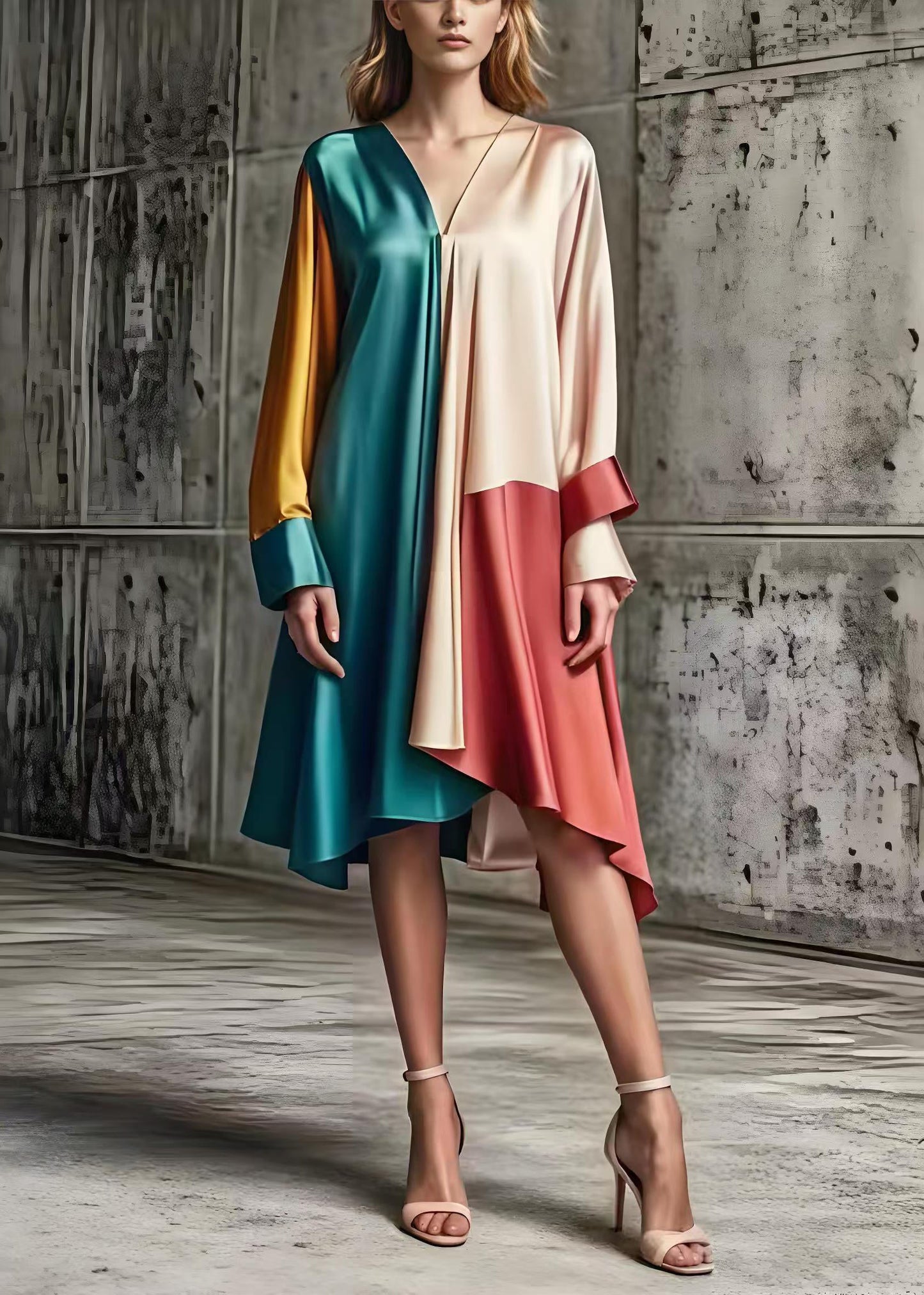 Asymmetrical Patchwork Silk Day Dress Spring