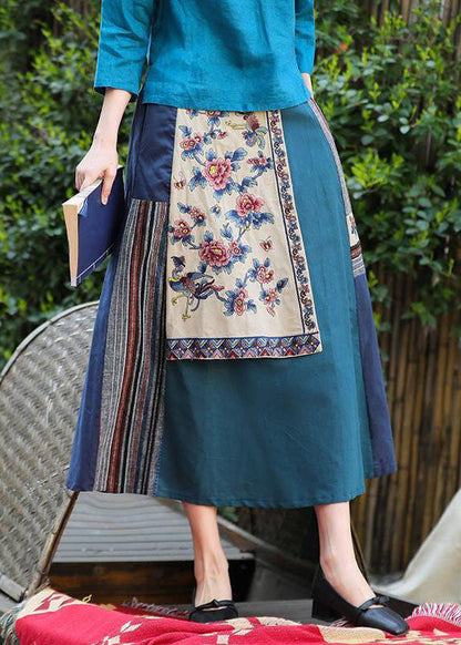 Blue Wrinkled Embroidered Pockets Patchwork Linen Skirt Summer