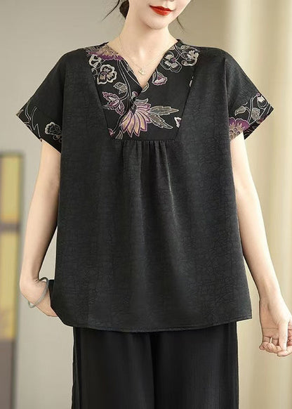 Black V Neck Patchwork Silk Shirt Tops Summer