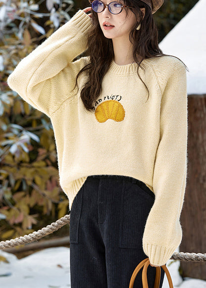 Yellow Print Thick Cotton Knit Sweaters Long Sleeve