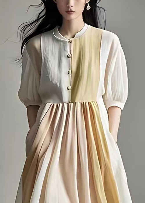 Beige Wrinkled Pockets Linen Dress Half Sleeve