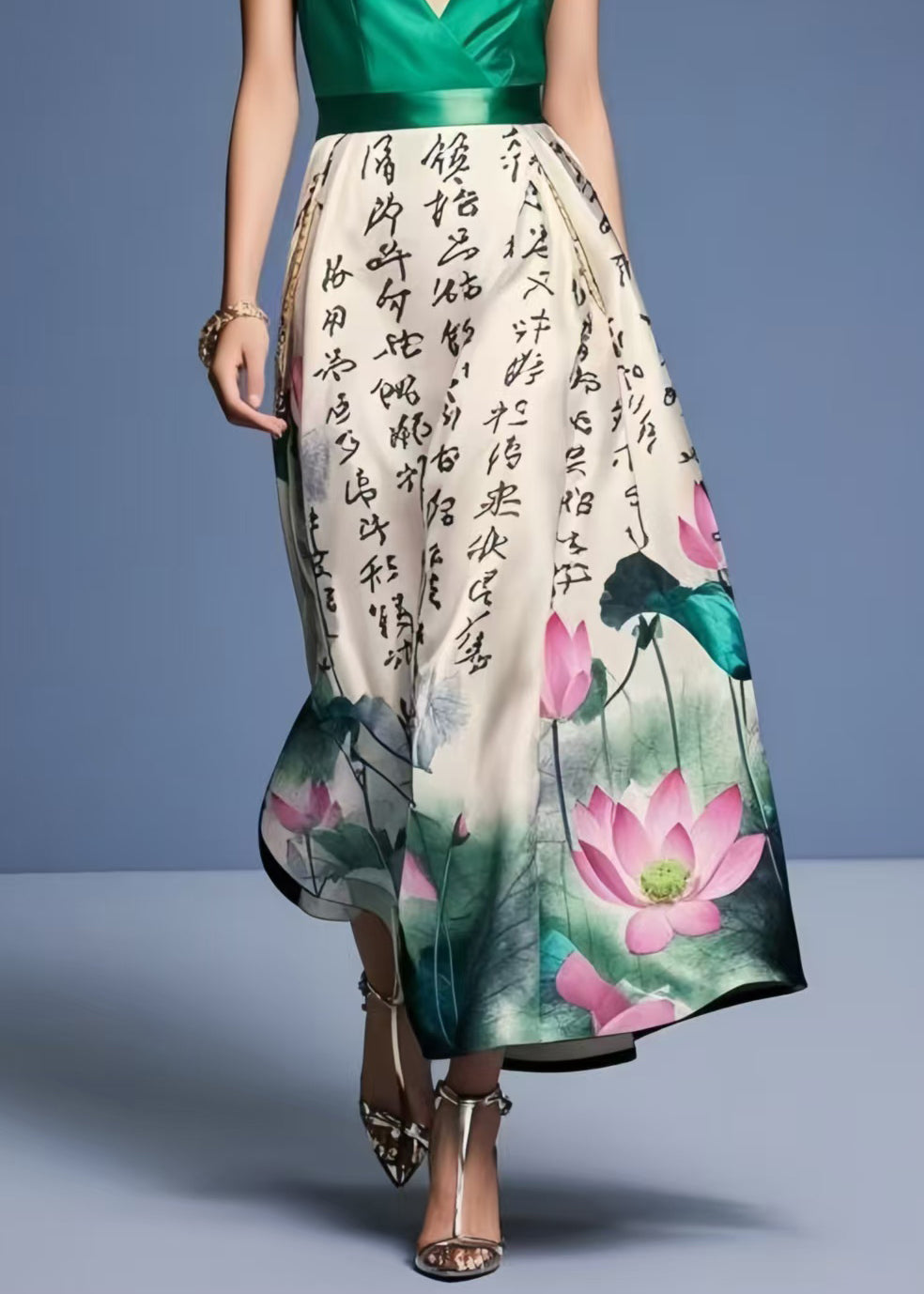 Tea Green Cinched Print Silk Cami Dress Summer