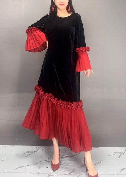 Red O Neck Chiffon Patchwork Velvet Dresses Flare Sleeve