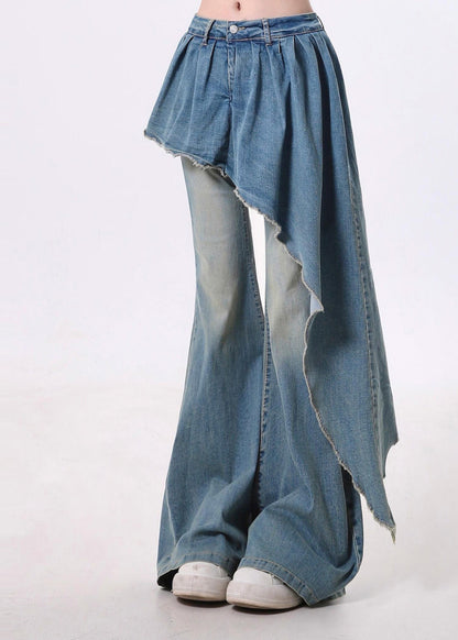Blue Asymmetrical Patchwork Denim Flared Trousers Pants Spring