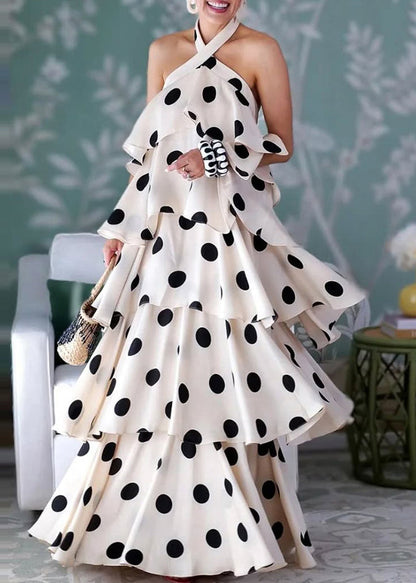 Beige Layered Ruffled Print Cotton Halter Dresses Summer
