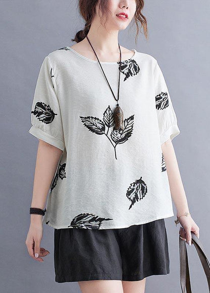 White Print Leaf Shirt Tops Summer Cotton Linen
