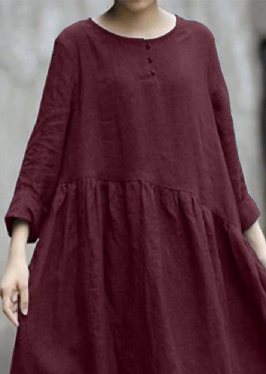Color Black Cotton Linen Long Sleeve Swing Long Dress