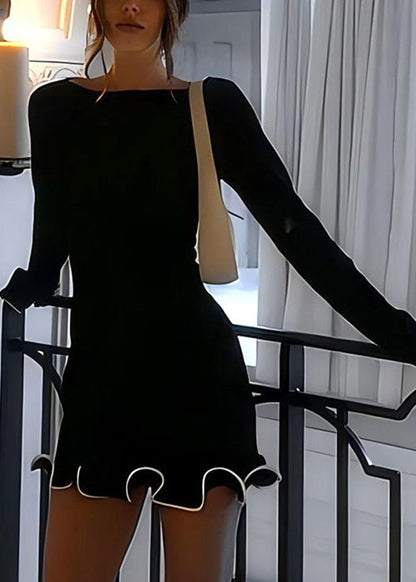 Black Cotton Mid Dress O-neck Butterfly Sleeve