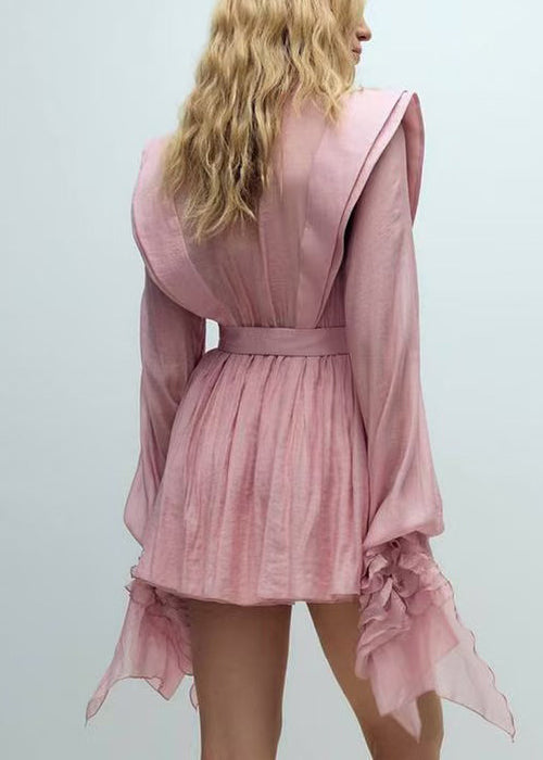 Pink Ruffled Cotton Mini Dress Lantern Sleeve
